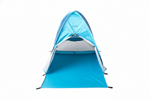 A blue and white pop-up dog potty tent shelter for outdoor use.