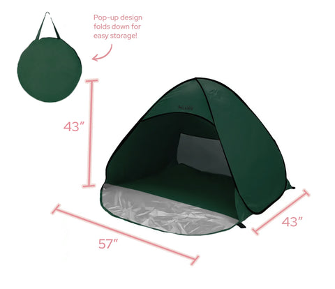 Green pop-up outdoor dog tent, XL size 57 by 43 by 43 inches, folds flat for storage.