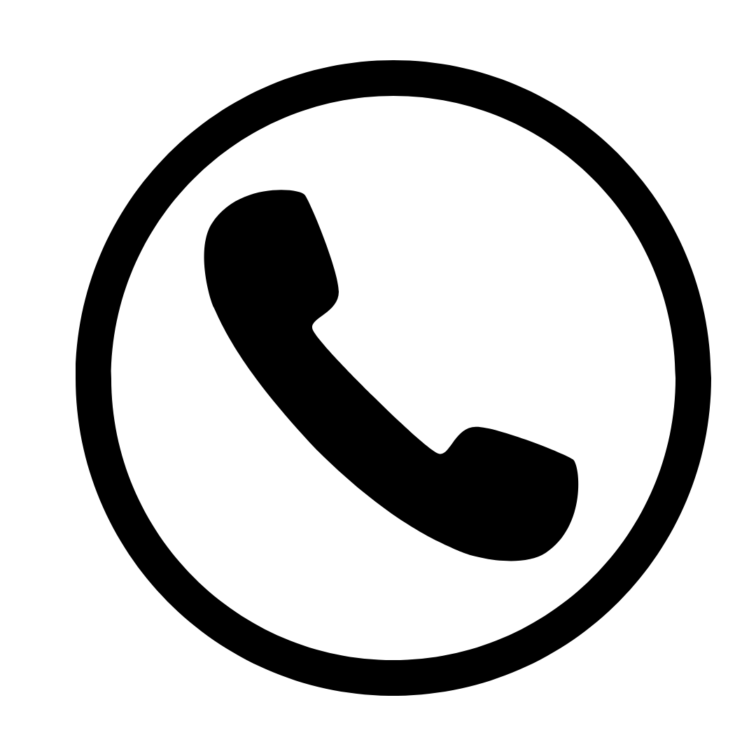 Black telephone handset icon inside a circular outline, indicating phone contact.