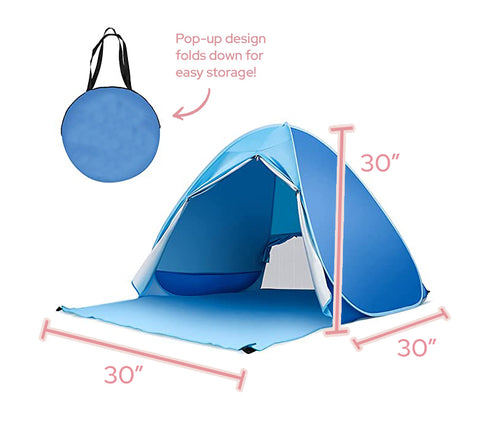 Blue pop-up outdoor dog tent, large size 30 by 30 by 30 inches, folds into carry bag.