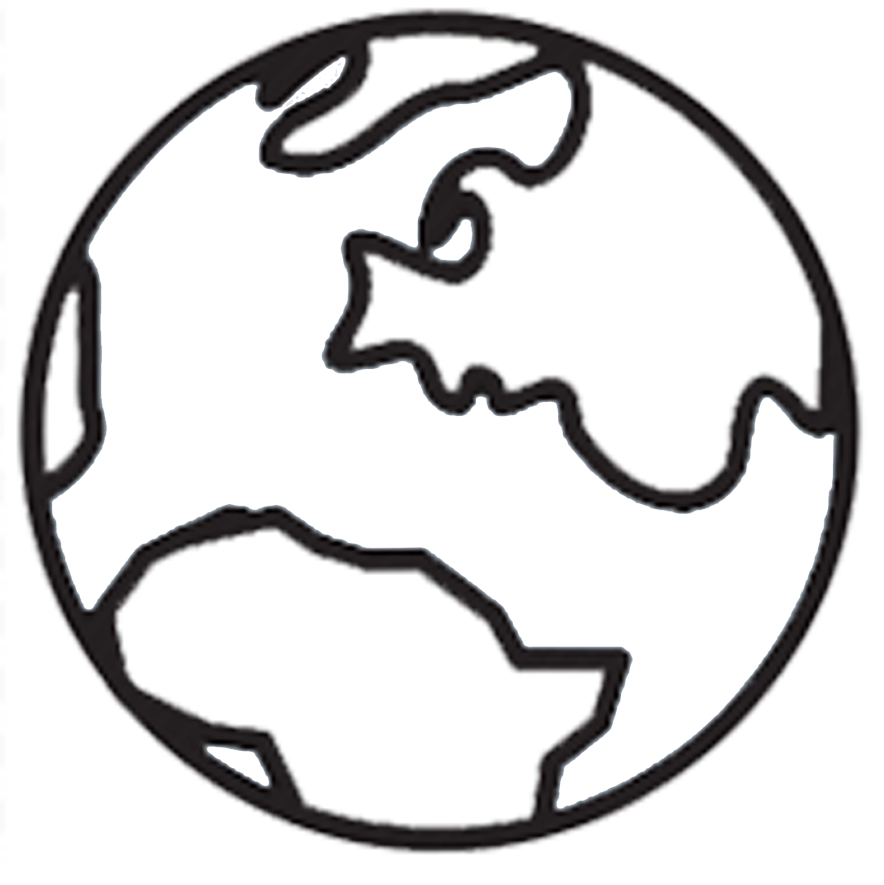Line-art globe icon showing continents in black outline on white.