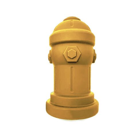 Yellow fire hydrant toy for dogs, designed for indoor potty training or play, shown on a plain white background