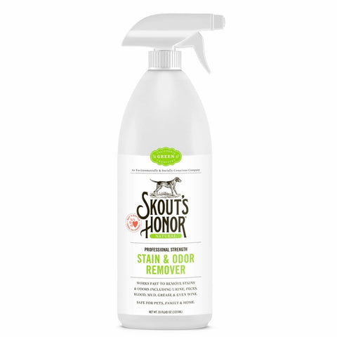 Skout's Honor pet stain and odor remover spray bottle, 35 fluid ounces, white label.