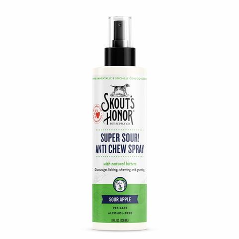 Skout's Honor Super Sour anti chew spray, Sour Apple, 8 fl oz pet-safe deterrent bottle.
