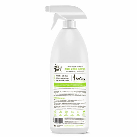 Back label of Skout's Honor pet stain and odor remover spray bottle with usage directions.
