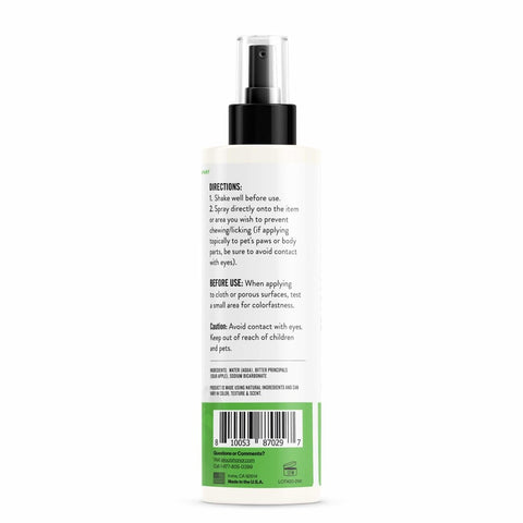 Back label of Skout's Honor anti chew spray listing directions and sour apple ingredients.