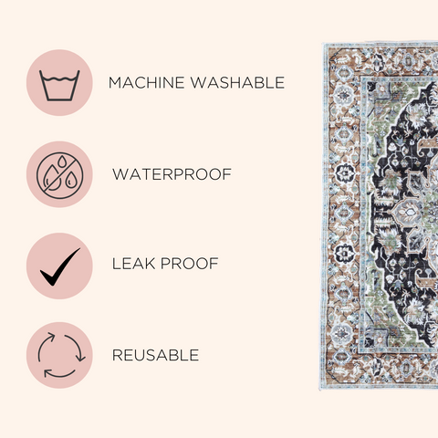 A feature icon list showing the reusable pee rug is machine washable, waterproof, and leak proof, with the patterned rug shown beside the icons.