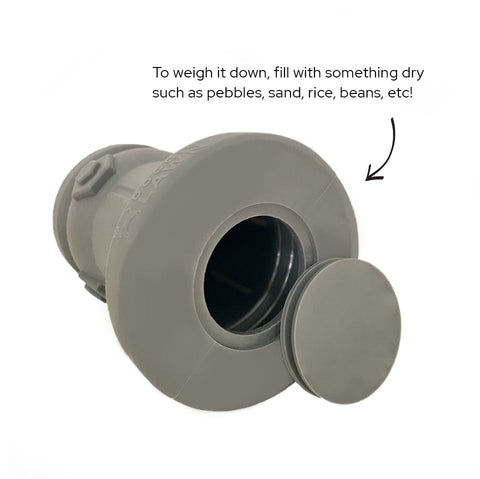 Grey silicone dog fire hydrant with base plug removed; fill with pebbles, sand, or rice to weigh it down.