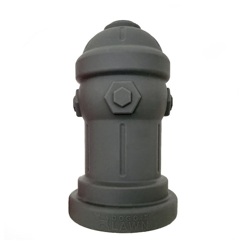 Grey silicone fire hydrant potty training accessory for male dogs on white background.